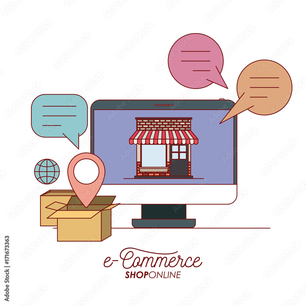 computer display with wallpaper inside of store house callout and symbol global and location e-commerce shop online on white background vector illustration Stock Vector | Adobe Stock computer display with wallpaper inside of store house callout and symbol global and location e-commerce shop online on white background vector illustration Stock Vector | Adobe Stock