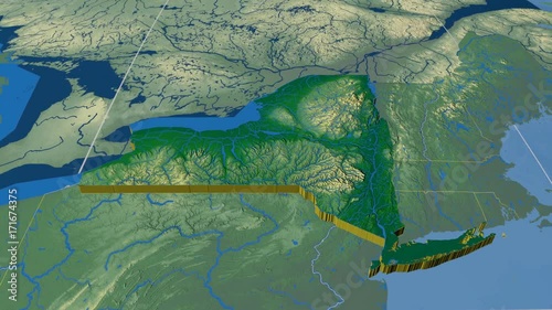 New York - United States, region extruded. Bumps shaded