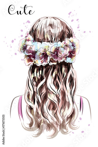 Hand drawn long hair girl in flower wreath. Brown hair. Cute curly hairstyle. Sketch. Vector illustration.