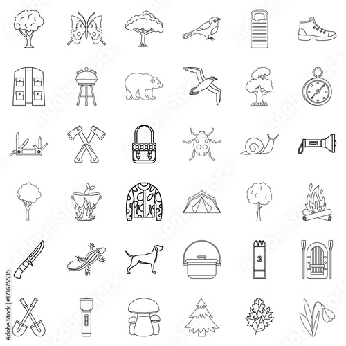 Hiking icons set, outline style