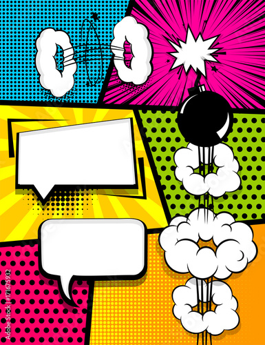 Vertical pop art comics book magazine cover template. Cartoon funny vintage strip comic superhero text, speech bubble, balloon, box message, burst bomb. Vector halftone illustration. Blank graphic.