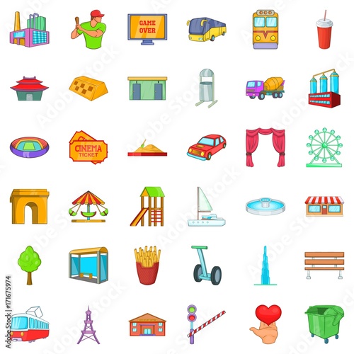 Metropolis icons set, cartoon style