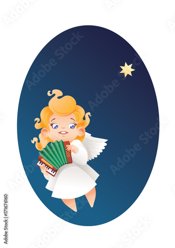 Kid angel musician flying on a night sky making music on accordi
