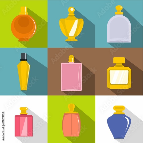 Perfume icons set, flat style