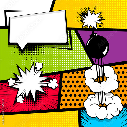 Pop art comics book magazine cover template. Cartoon funny vintage strip comic superhero text, speech bubble, balloon, box message, burst bomb. Vector halftone illustration. Blank humor graphic.