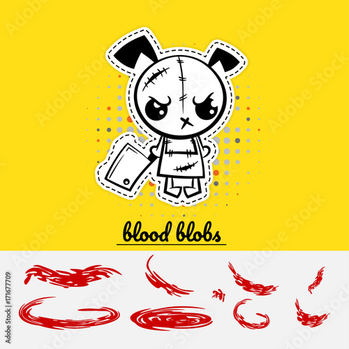 Halloween evil cartoon funny dog puppy monster knife set blood. Pop art wow comic book text party. Angry monochrome thread needle sewing voodoo doll. Vector illustration sticker paper.