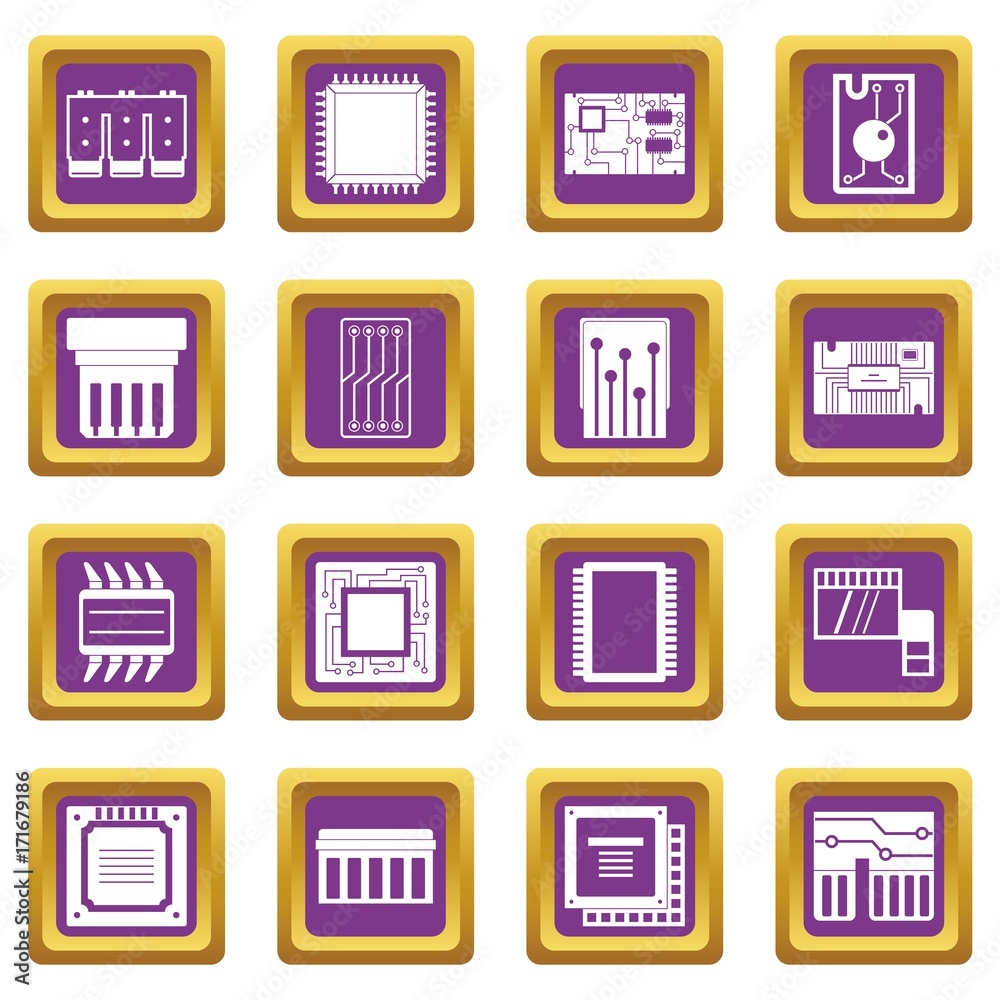 Computer chips icons set purple Computer chips icons set purple