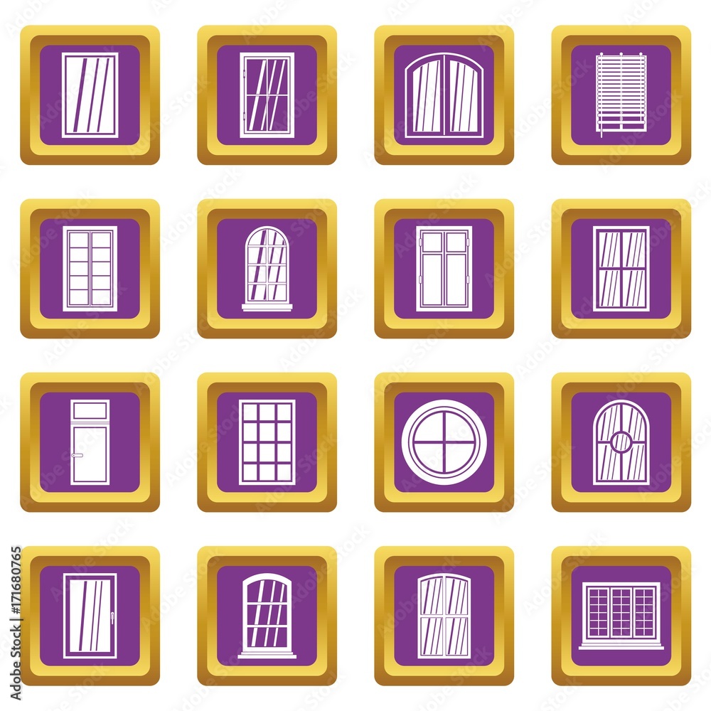 Plastic window forms icons set purple Plastic window forms icons set purple