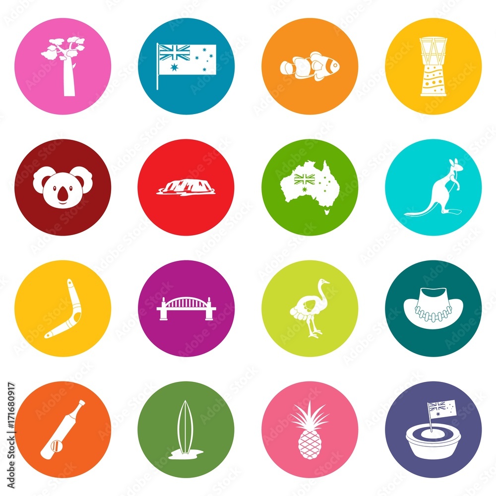 Australia travel icons many colors set Australia travel icons many colors set