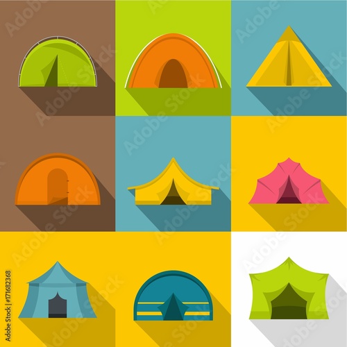 Camping tent icons set, flat style