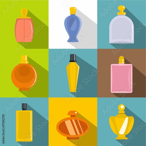 Perfume bottle icons set, flat style