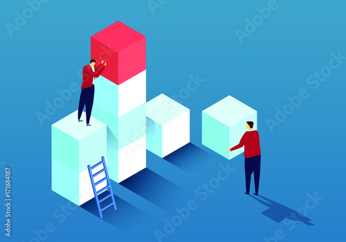 Two businessmen move cube