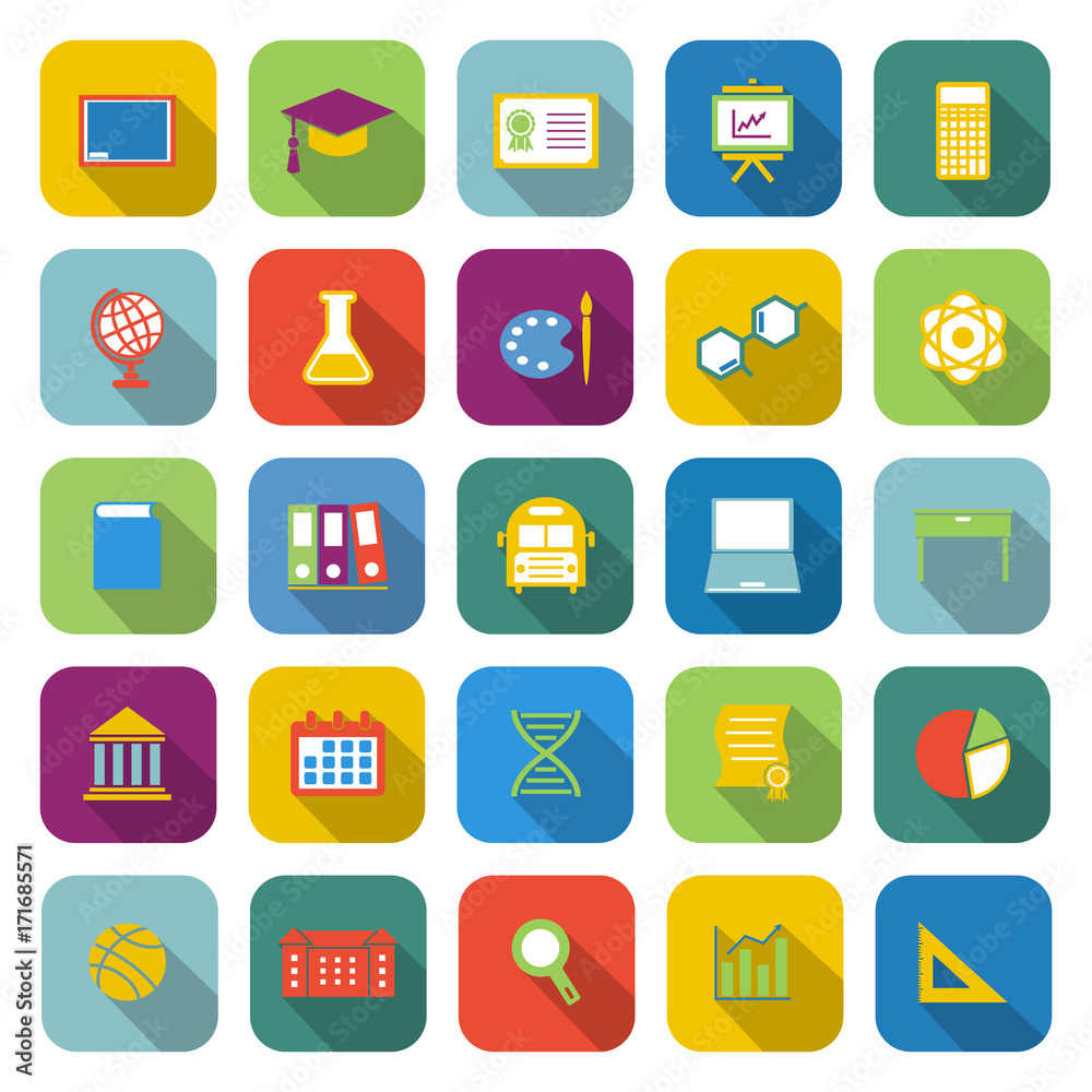 Education color icons with long shadow