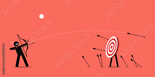 Failing to hit the target. Man desperately trying to shoot arrows with bow to hit the bullseye but failed miserably. Vector artwork depicts failure, inaccurate, missing, and lousy.