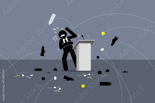 Lousy politician being booed. People throwing objects and things at the speaker on the stage. Vector artwork depicts angry people, protesters, poor stage performance, and bad politician. 