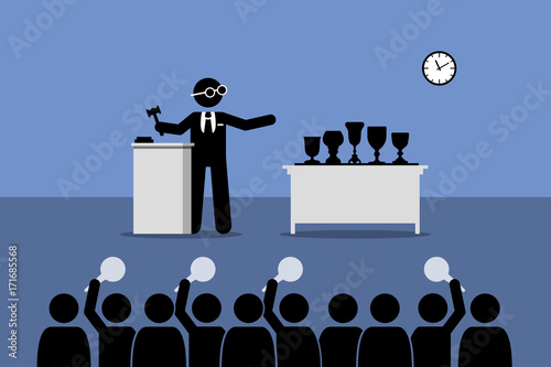 Bidders bidding for antiques items from auctioneer. Vector artwork depicts an auction place.