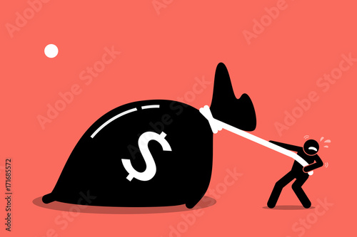 A man is struggling to pull a big bag of money because it is too heavy. Vector artwork depicts greed and wealth.