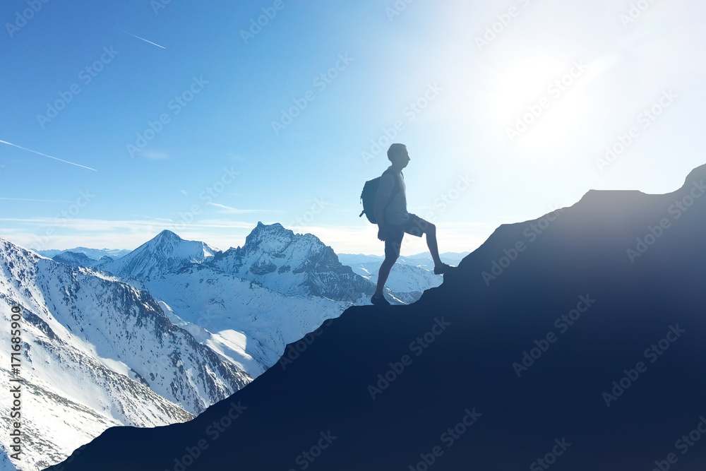 Hiker Hiking On Mountain During Winter