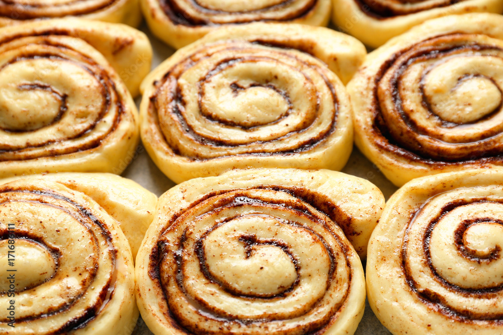Raw cinnamon buns, closeup Raw cinnamon buns, closeup