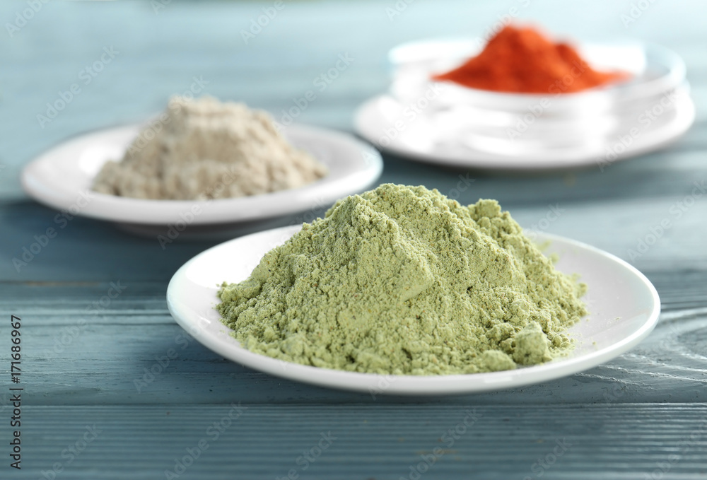 Hemp protein powder on wooden table Hemp protein powder on wooden table