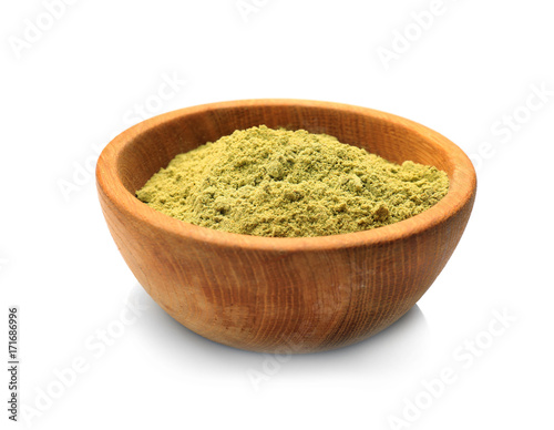 Hemp protein powder in wooden bowl, isolated on white