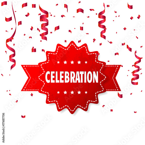Celebration background frame template with confetti and red ribbons. Vector illustration