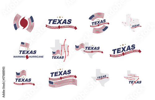 Warning hurricane in Texas. Set symbols with flag, maps and arrows on a white background. Flat vector illustration EPS 10.