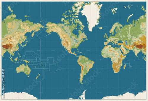 World Map Americas Centered Physical Map. Vintage Colors. No bathymetry and names