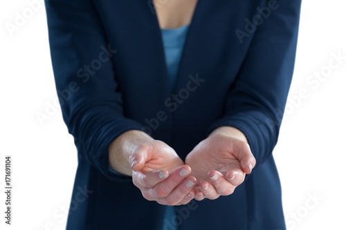 Mid section of businesswoman holding imaginary product while