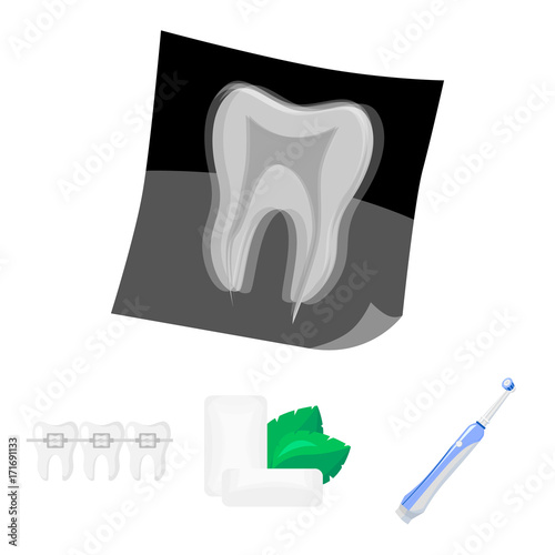 Mint chewing gum with mint leaves, toothbrush with bristles, bregettes with teeth, X-ray of the tooth. Dental care set collection icons in cartoon style vector symbol stock illustration web.