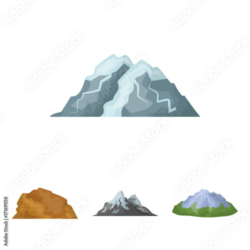 Mountains in the desert, a snowy peak, an island with a glacier, a snow-capped mountain. Different mountains set collection icons in cartoon style vector symbol stock illustration web.