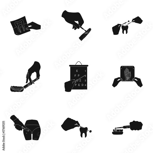 Anesthetic injection, examination of the tooth and other web icon in black style. wound treatment, vision check icons in set collection.