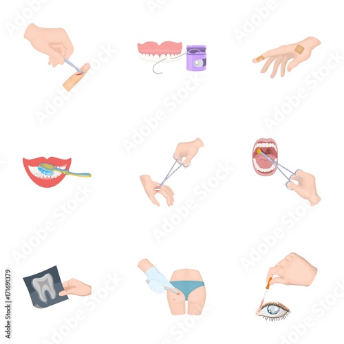 Anesthetic injection, examination of the tooth and other web icon in cartoon style. wound treatment, vision check icons in set collection.
