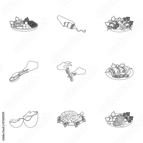 Fried chicken, cooking chop, slicing vegetables, shish kebab and other elements of cooking. Food and Cooking set collection icons in outline style vector symbol stock illustration web.