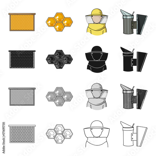 Frame with honeycomb, apiary, honeycomb wax, beekeeper in protective suit, smoke, Apiary set collection icons in cartoon black monochrome outline style vector symbol stock illustration web.