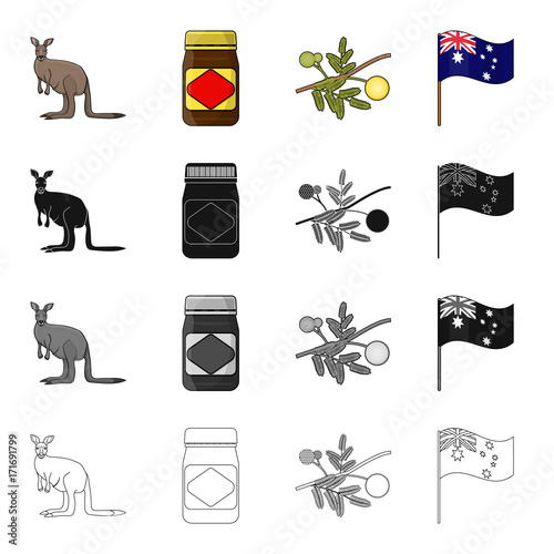 Kangaroo, apple sauce chutney, Australian acacia,wattle, national flag. Australia set collection icons in cartoon black monochrome outline style vector symbol stock illustration web. photo