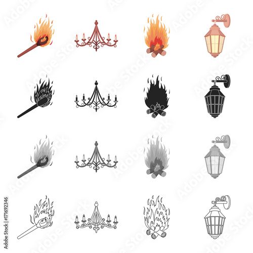 Burning match, chandelier, light from the fire, street lamp. Light source set collection icons in cartoon black monochrome outline style vector symbol stock illustration web.