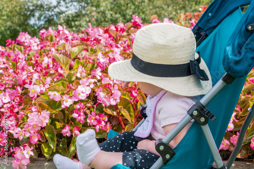 Cute baby in sun hat being pushed in a stroller through a garden