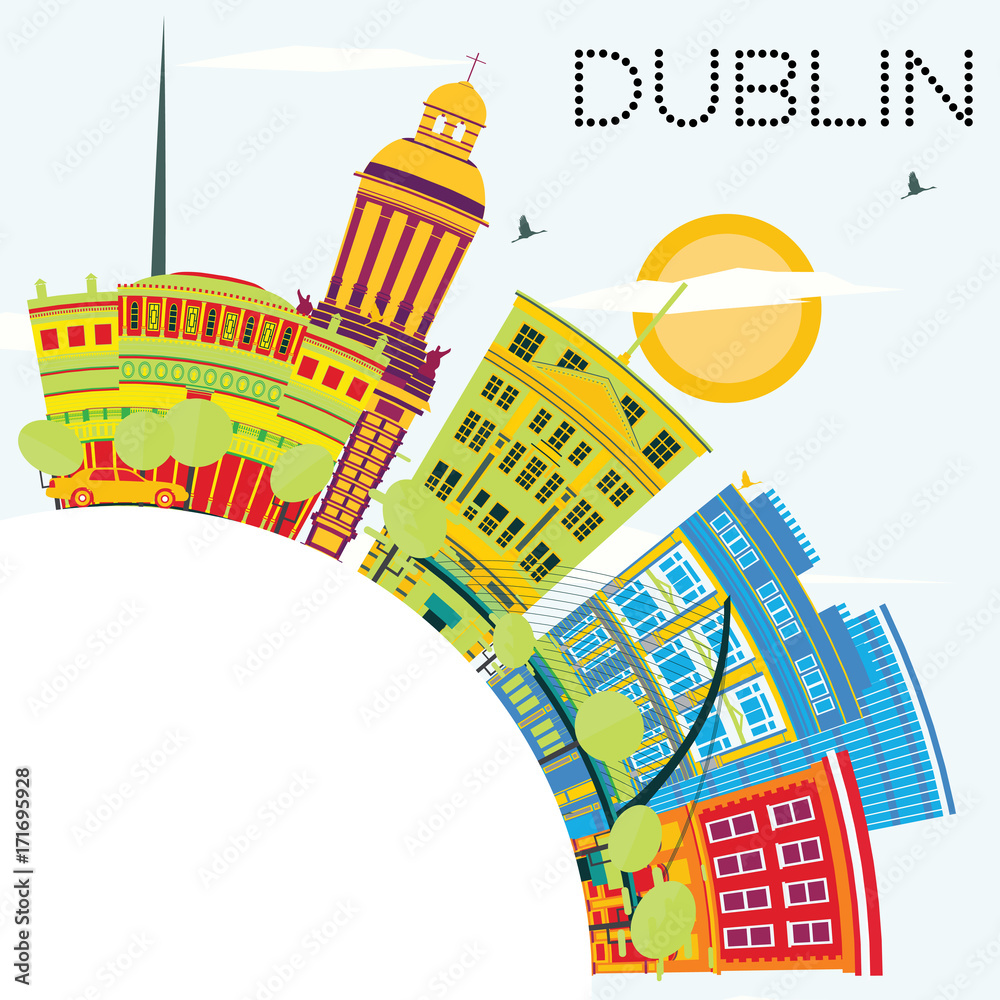 Dublin Skyline with Color Buildings, Blue Sky and Copy Space.
