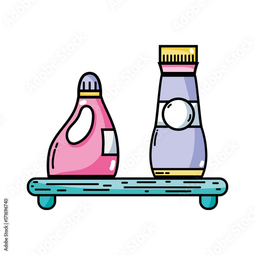 shelf with softener and detergent liquid bottle vector illustration