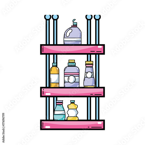 shelf with softener and detergent liquid bottle vector illustration