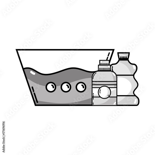 grayscale water pail with detergent liquid and cleach bottle vector illustration