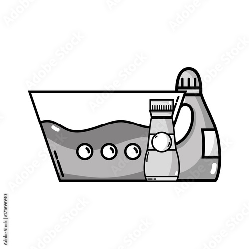 grayscale water pail with detergent liquid and softener bottle vector illustration