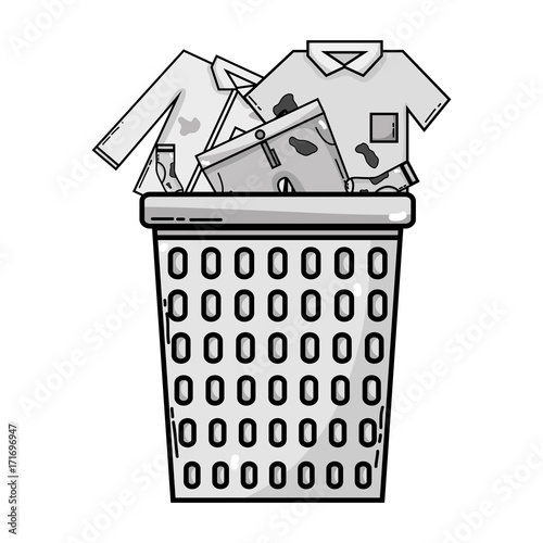 grayscale basket design with dirty clothes inside vector illustration