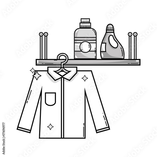 grayscale shelf with detergent bottle and clothes hanging vector illustration
