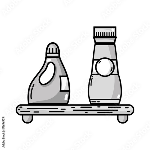 grayscale shelf with softener and detergent liquid bottle vector illustration