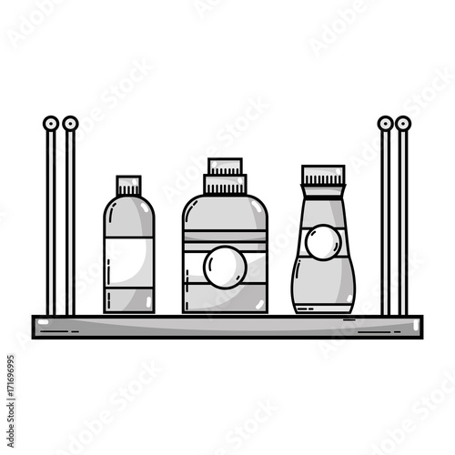 grayscale shelf with softener and detergent liquid bottle vector illustration