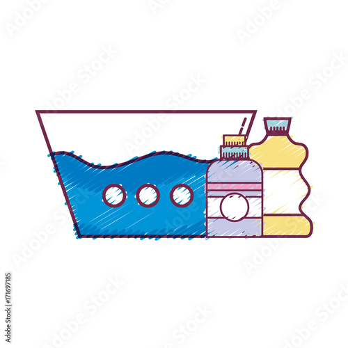 water pail with detergent liquid and cleach bottle vector illustration