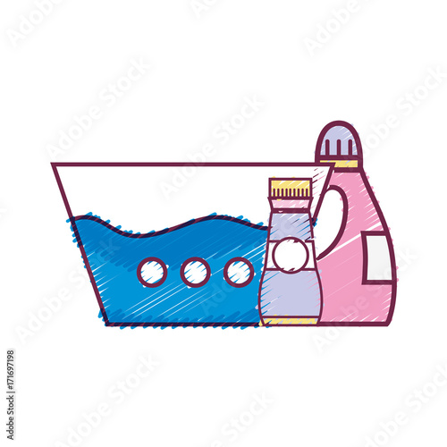 water pail with detergent liquid and softener bottle vector illustration