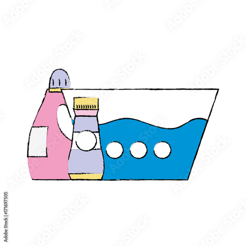 water pail with detergent liquid and softener bottle vector illustration